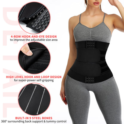 KIWI RATA Neoprene Sauna Waist Trainer Corset Sweat Belt with 2 Straps for Women Plus Size Compression Gym Workout Trimmer,#2 Hooks Black,X-Small