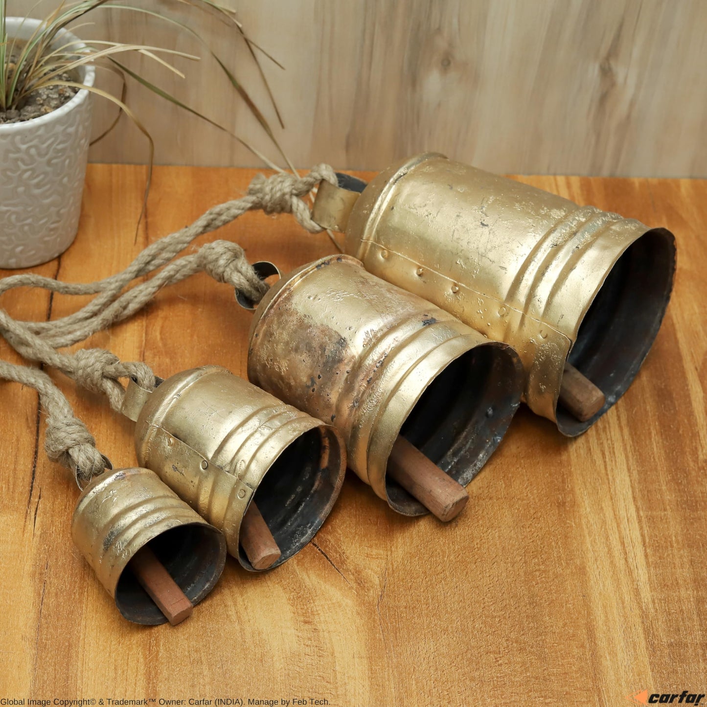 Set of 4 Rustic Metal Christmas Bells Large Hanging Brass-Gold Cowbells with Jute Rope | Farmhouse Wall, Porch & Holiday Decor