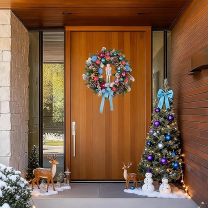 Pre-lit Christmas Wreath 28 Inch, Christmas Nutcracker Wreath Decoration for Home Front Door Porch Wall Winter Xmas Holiday Decor