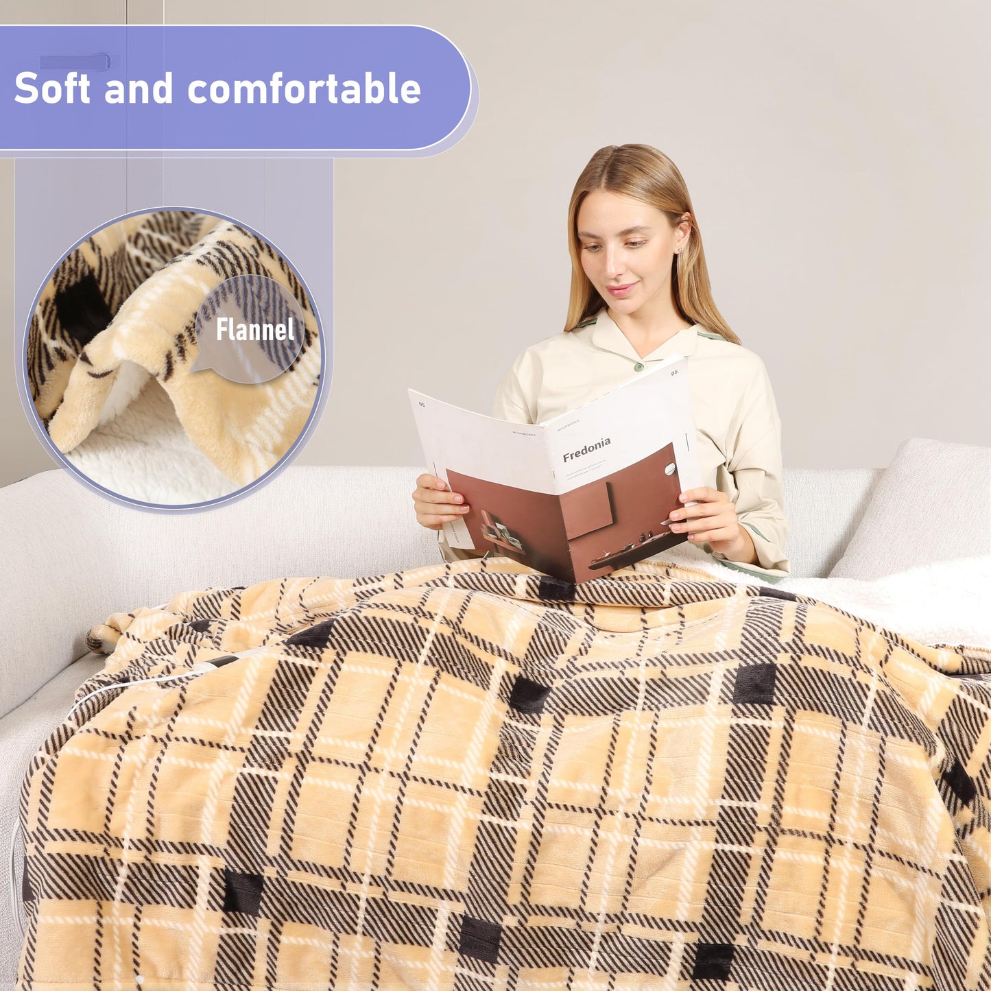 Electric Heated Blanket Queen Size 84''x90'' Soft Flannel & Sherpa Electric Blanket with 10 Heating Levels, Automatically Shut Down After 8h with Overheat Protection Machine Washable