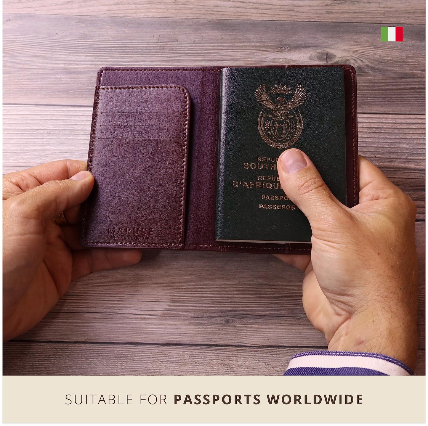 Maruse Italian Leather Passport Cover for Men and Women, Handmade in Italy, Black