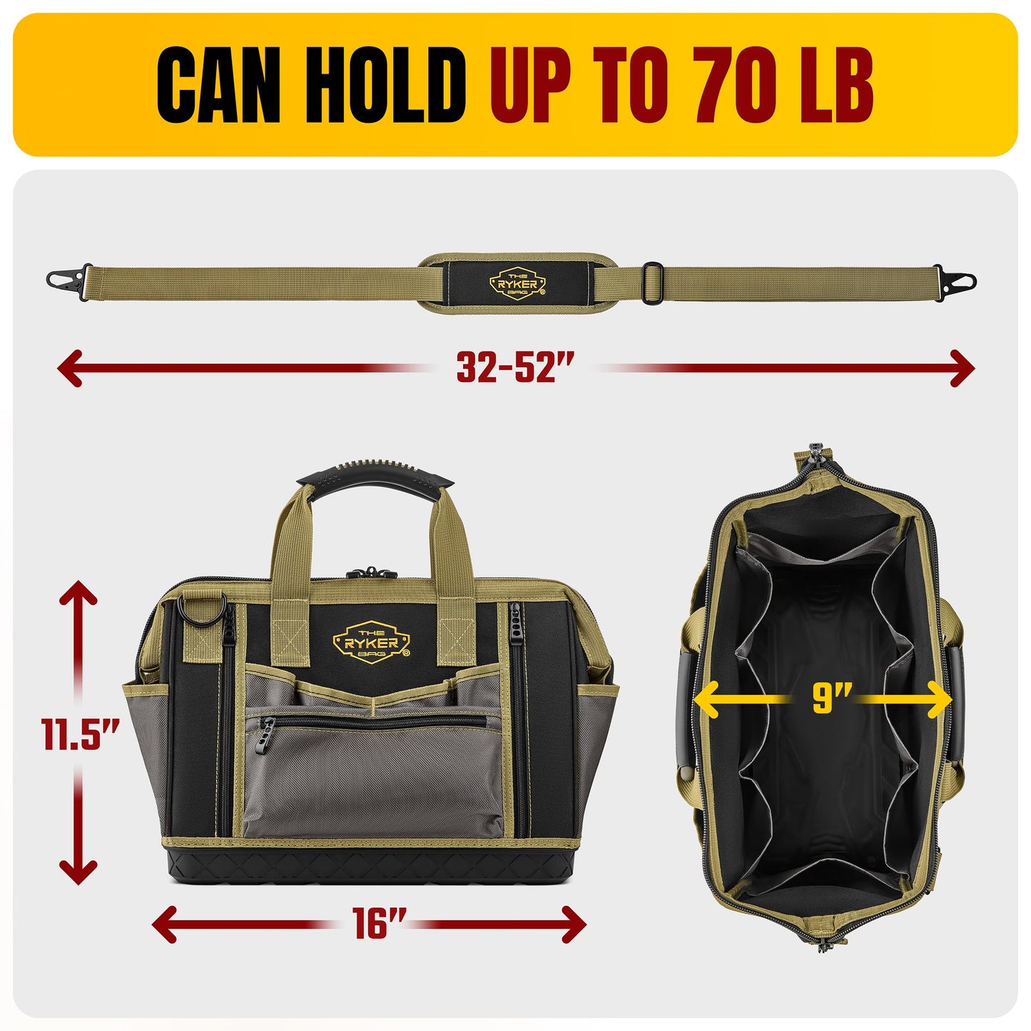 The Ryker Bag 16-inch Large Heavy Duty Wide Mouth Tool-Bag Organizer with Maximum Storage, Portable Utility Bag for Tools, Gift for Dads, Contractors, Mechanics, Technicians, Handyman & Welders