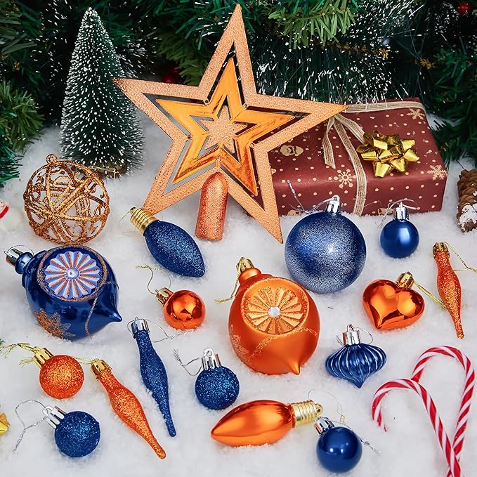 Joiedomi 36 Pcs Blue and Orange Christmas Tree Ornaments with Star Topper and Heart, Shatterproof Christmas Ball Ornaments Set, Assorted Xmas Hanging Decorations for Tree Wreath Garland Holidays