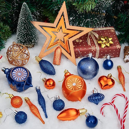 Joiedomi 36 Pcs Blue and Orange Christmas Tree Ornaments with Star Topper and Heart, Shatterproof Christmas Ball Ornaments Set, Assorted Xmas Hanging Decorations for Tree Wreath Garland Holidays
