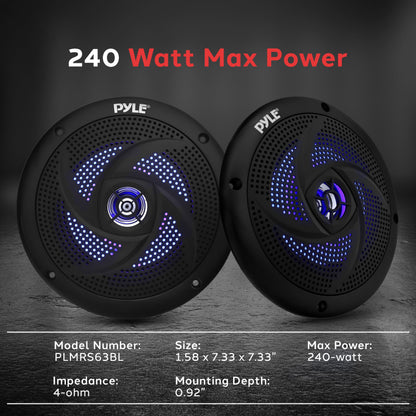 Pyle Marine Waterproof Speakers 6.5” - Low Profile Slim Style Wakeboard Tower and Weather Resistant Outdoor Audio Stereo Sound System with LED Lights and 240 Watt Power - 1 Pair in Black - PLMRS63BL