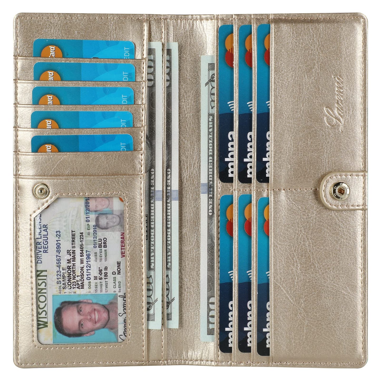 Lavemi Ultra Slim Thin Leather Women Wallet RFID Blocking Credit Card Holder Bifold Long Ladies Billfold (2-Waxed Champion Gold)