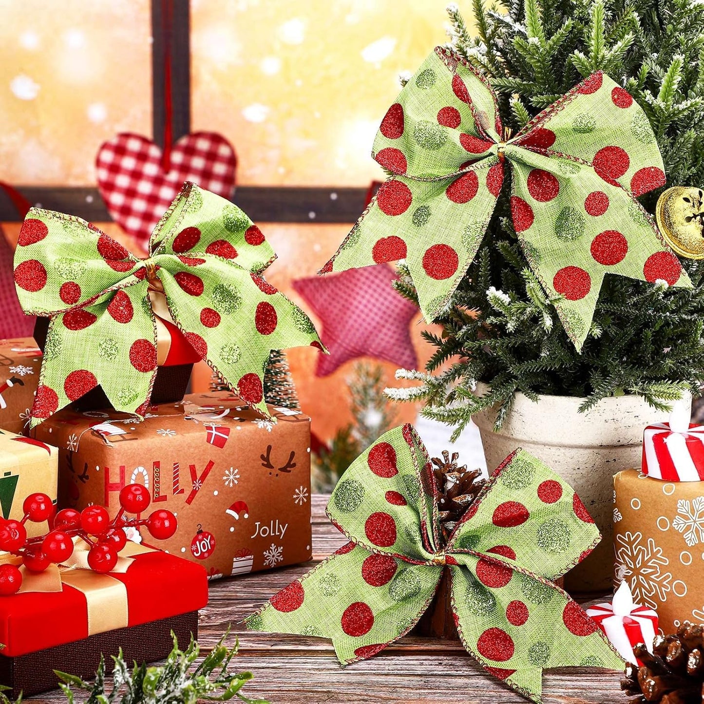 Jetec 12 Pcs Red Green Christmas Bows Decoration 6 Inch Large Christmas Wreaths Bows Xmas Tree Dot Ribbons Ornaments for Garland Wedding Party(Red and Green,Glitter Pattern)