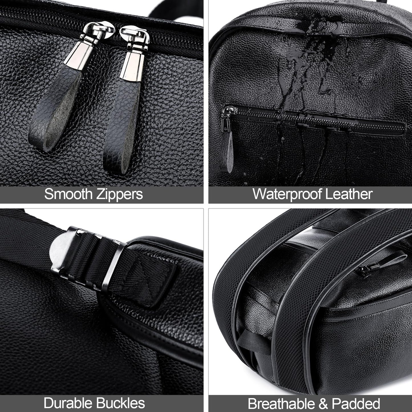 weiatas Black Leather Laptop Backpack for Men Women Work Travel, College School Backpack Casual Daypack fits 15.6 Inch