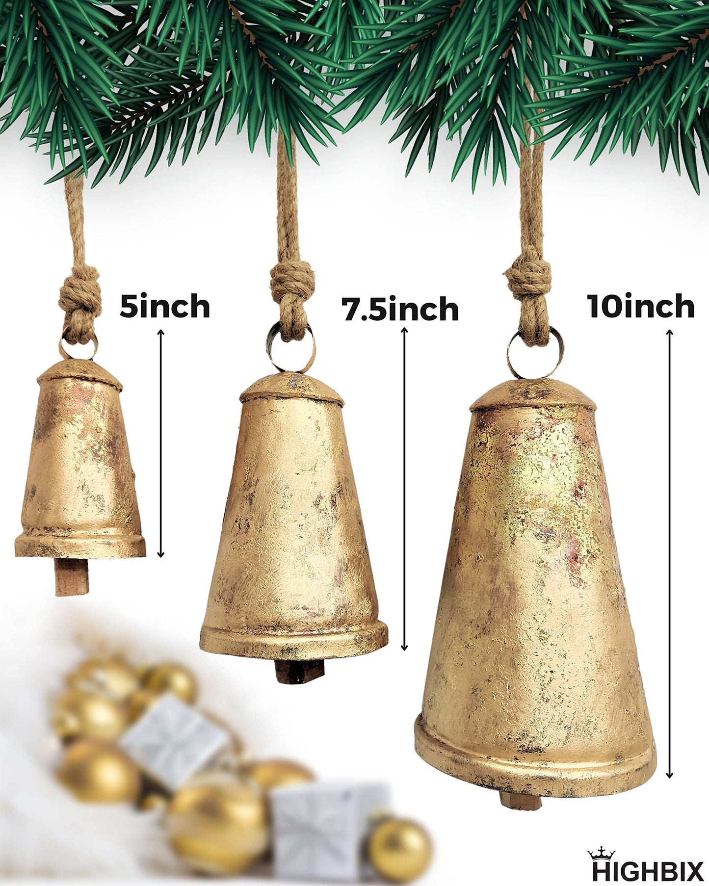 HIGHBIX Set of 3 Giant Harmony Cow Bells Huge Vintage Handmade Rustic Lucky Christmas Hanging Cone Bells (X-Large)