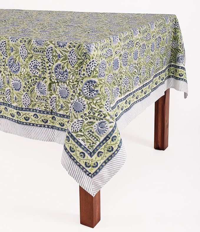 ATOSII Amara Green 100% Cotton Square Fall Tablecloth, Handblock Floral Print Linen Table Cloth for Kitchen Dining I Weddings, Outdoors, Parties, Easter I Fall Decor 60 X 60 Inches I 4 Seater