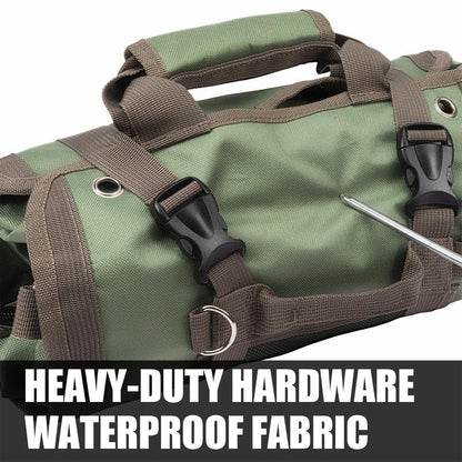 Portable Roll up Tool Bag, Heavy Duty Tool Organizer Bag with 5 Compartments & 2 Detachable Pouches for Tool Storage, Water Resistant Foldable Tool Roll Bag for Dad Men Electrician Mechanic Gift