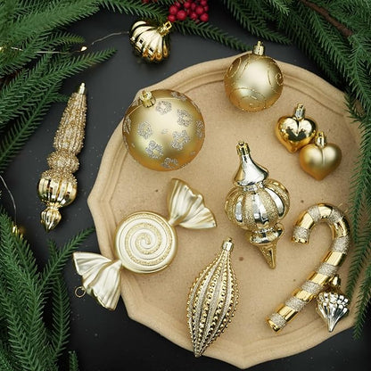 SHareconn 145pcs Christmas Balls Ornaments Set, Shatterproof Plastic Baubles Snowflakes, Stars and Tree Topper for Xmas Tree Holiday Wedding Party Decorations with Hanging Strings, Dark and Light Gold