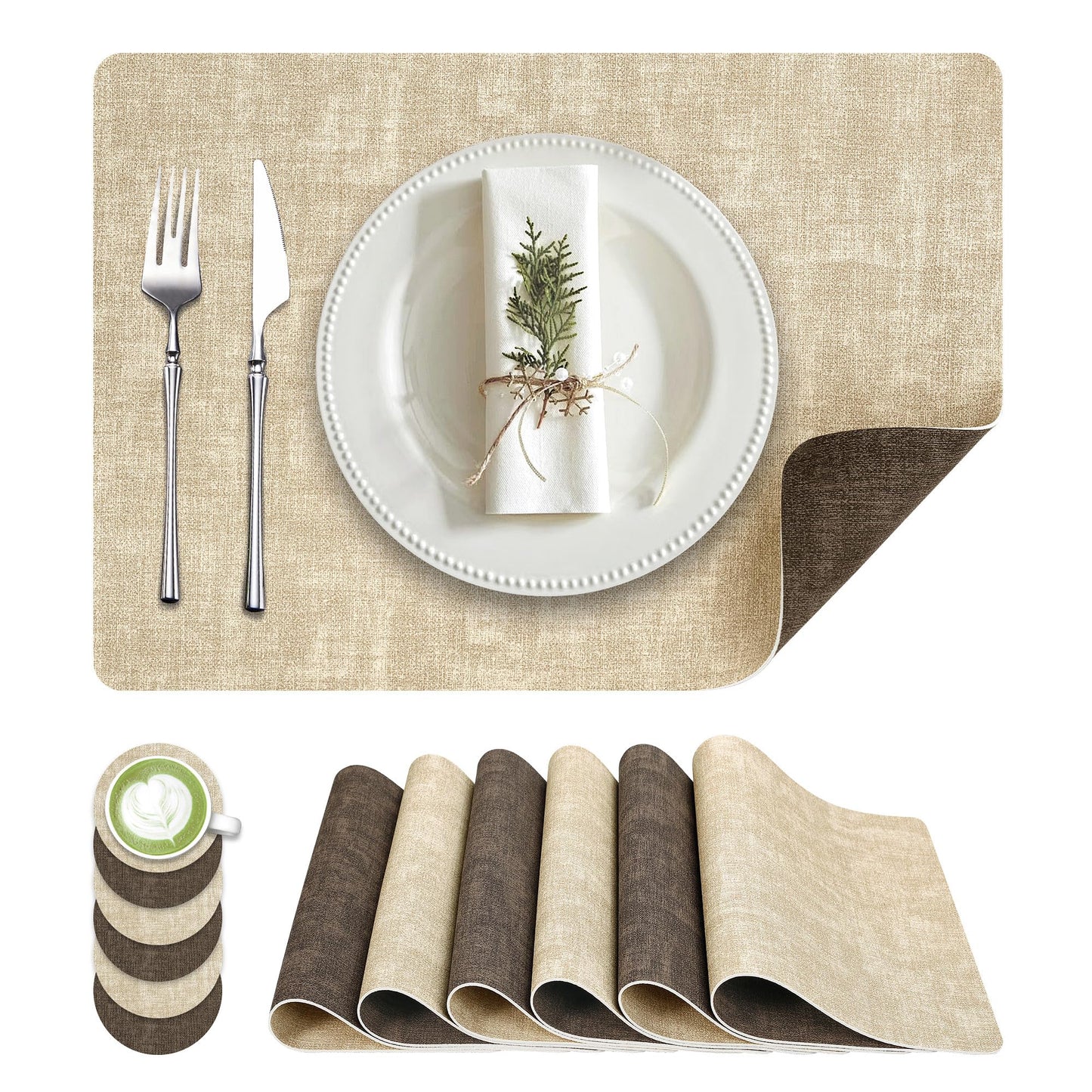 Fyvva Placemats Set of 6, Faux Leather Heat Resistant Wipeable Placemats, Dual Sided Waterproof Washable Table Mats with Coaster, Suitable for Kitchen, Dining, Table Decor (6, Beige Dark Coffee)