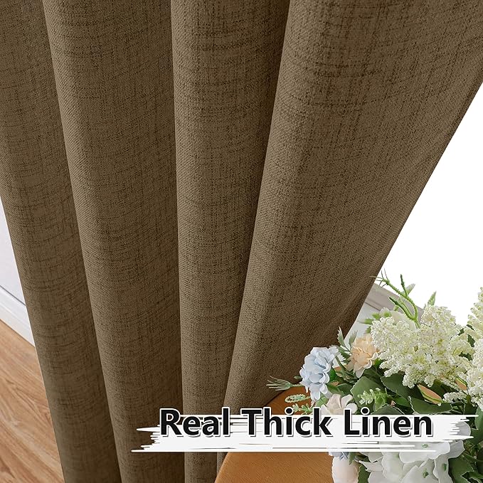 Tollpiz Short Linen Curtain Living Room Rod Pocket Semi Sheer Curtains Burlap Light Filtering Thick Linen Drape for Bedroom, 54 x 45 inches Long, Brown, Set of 2 Panels