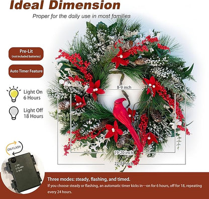 Christmas Wreath with Lights, Soomeir 24 Inch Lighted Christmas Wreaths for Front Door with Pine Needles and Berries, Large Prelit Wreath for Holiday Winter Window Outdoor Indoor Xmas