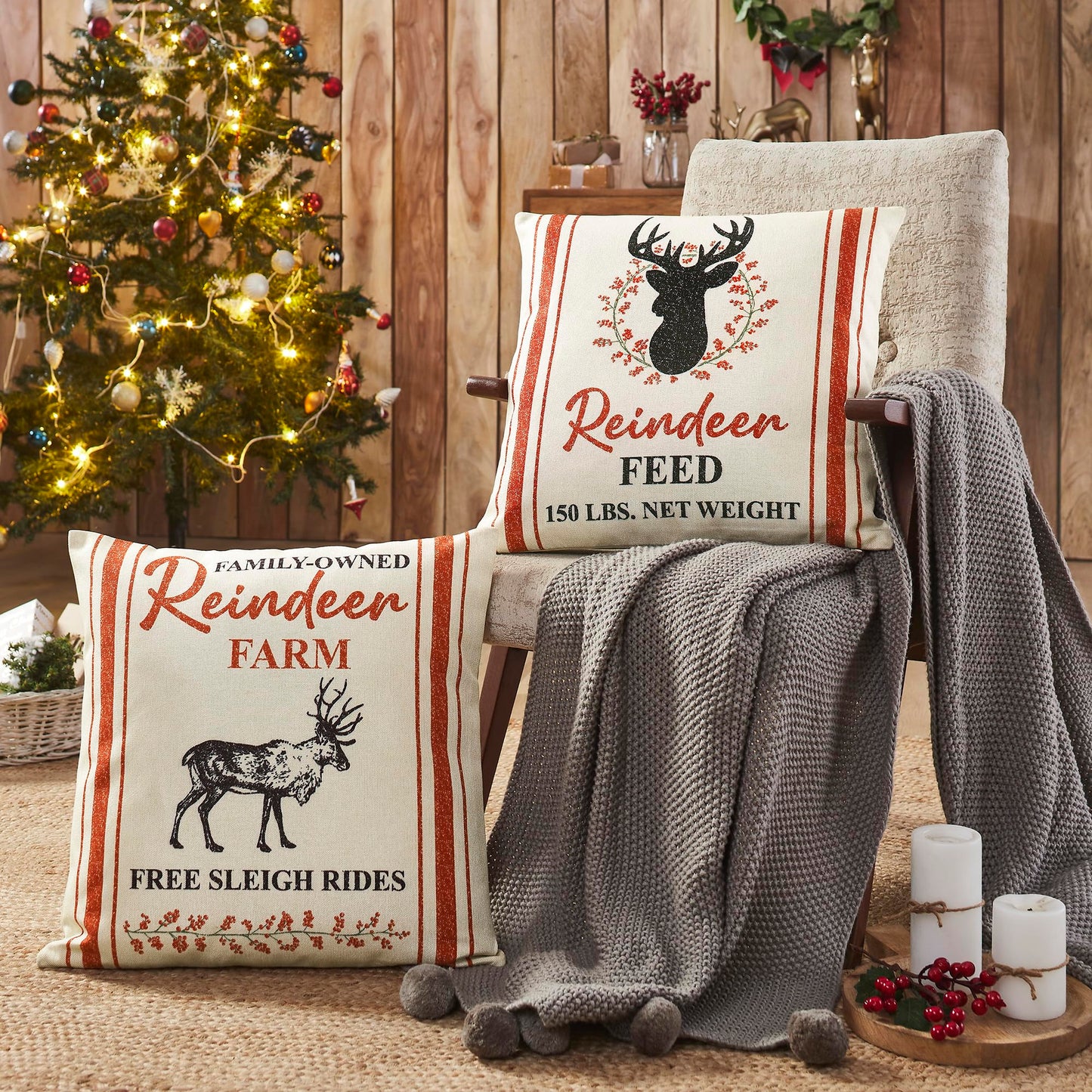 VHC Brands Reindeer Farm Pillow Cover Set of 2 20Lx20W, Decorative Christmas Throw Pillow Covers, Primitive Decor Perfect for Winter and Holiday Decorations