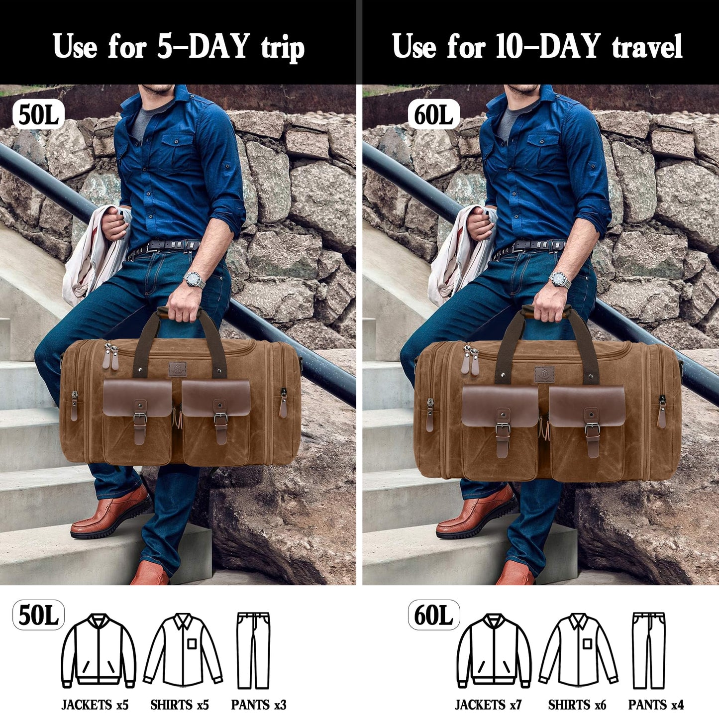 Densata Waxed Canvas Duffle Bag for Men 50L Travel Duffel Bags Expandable Genuine Leather Duffel Overnight Weekender Carry On Bag Two Zipper Pockets Travel Bag (Vintage Dark Brown, Large-50L)