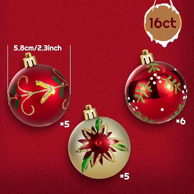 16PCS Christmas Ball Ornaments Set Xmas Tree Decoration Balls 2024 Shatterproof Hanging Colored for Party Wedding Home Party Outdoor Indoor Red & Golden