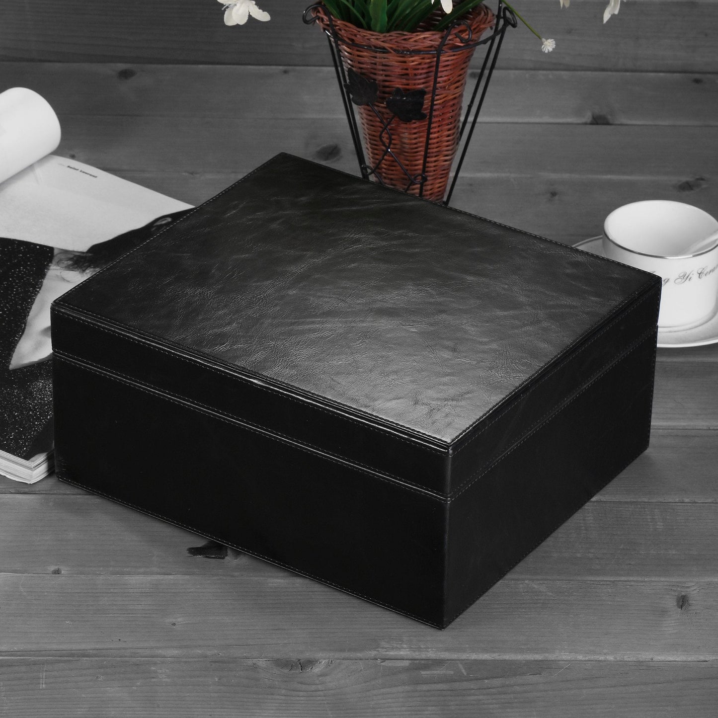 MEGACRA Desktop Humidor Case Holds 25-50 Cigars, Unique Elegant Leather Display, 100% Handcraft Real Solid Spanish Cedar Wood Storage Box with Humidifier and Hygrometer Desktop Humidors