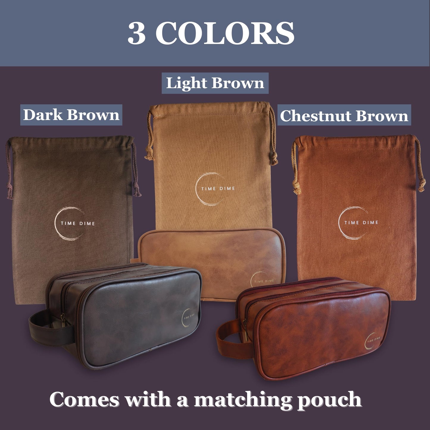 Time Dime Premium Men’s Toiletry Bag with Drawstring Pouch – Durable Water-Resistant Leather-Look Travel Organizer for Shaving, Grooming & Hygiene Essentials (Chestnut Brown)