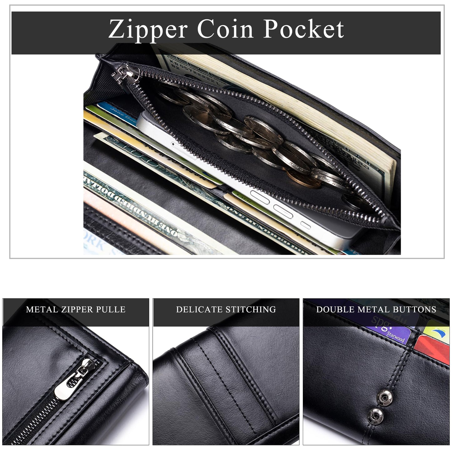 LUKZIJAES Wallets for Women Slim Long RFID Blocking Ladies Genuine Leather Bifold Wallet Womens with ID Window Coin Pocket (#1-Black)