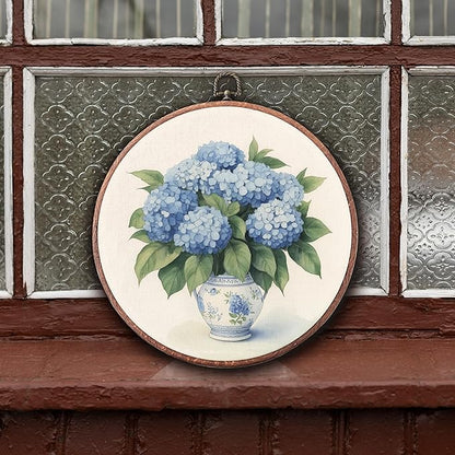 Threegoat Chinoiserie Spring Floral Framed Round Wall Art,Blue and White Hydrangea Flowers Wall Art Decor for Bedroom,Vintage Wall Hanging Decor for Grand Millenial Grandmillennial Home - A01