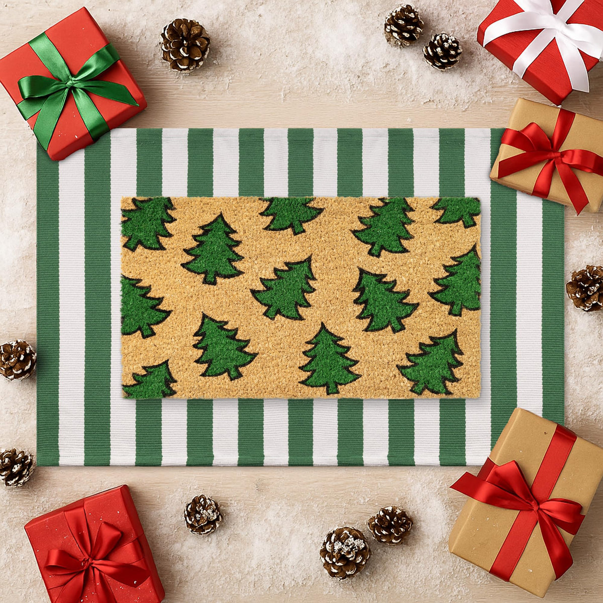 Christmas Door Mat Set 2-Piece, 17"x30" Coir Welcome Mat with Green Tree Pattern and 28"x43" Green White Striped Rug, Layered Front Porch Combo for Holiday Entryway Outdoor Decor