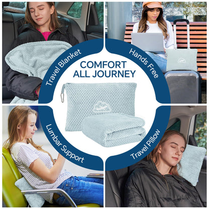BEDELITE Travel Blanket and Pillow Set 2-in-1, Ultra-Soft Jacquard Fleece Blanket with Bag, Airplane Blanket with Luggage Sleeve & Backpack Clip Travel Essentials, Blue