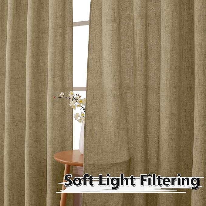 Tollpiz Short Linen Curtains Living Room Rod Pocket Semi Sheer Curtain Burlap Light Filtering Thick Linen Drapes for Bedroom, 54 x 54 inches Long, Taupe, Set of 2 Panels