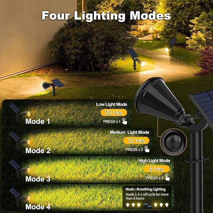 Solar Spot Lights Outdoor, 4 Modes/6 Pack Solar Spotlights Waterproof, 180° Adjustable Powered Landscape Lights, Outdoor Solar Lights for Yard Garden Pathway Flag Tree Wall Statue Warm White