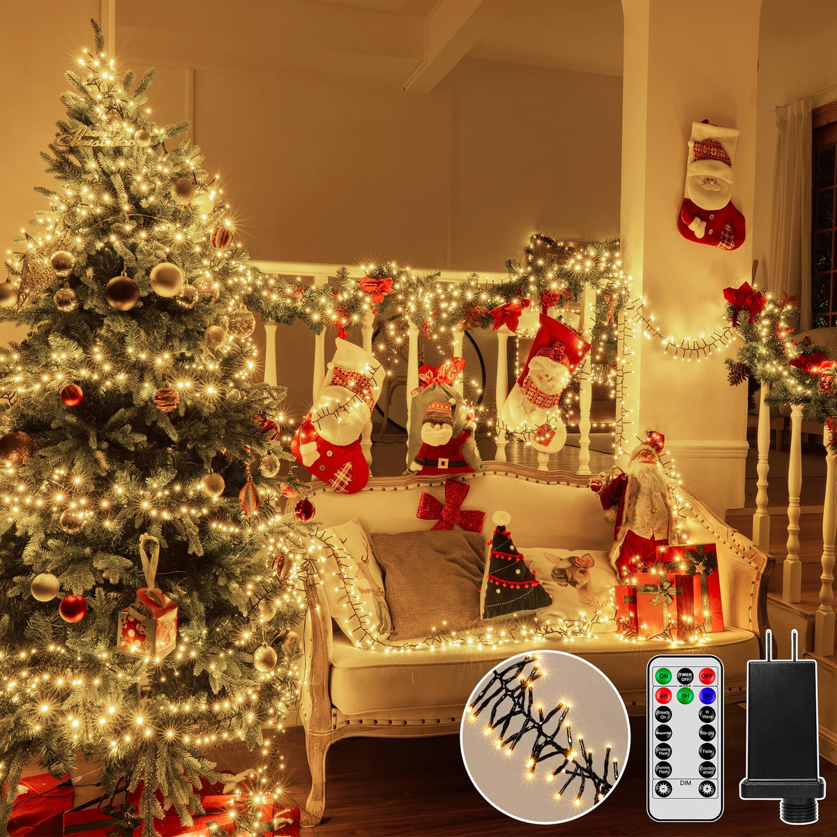 Ccinny 1200 LED 59 FT Cluster Lights, Warm White Christmas Tree Lights 8 Modes Timer Remote, Waterproof String Lights for Indoor Outside Garland Xmas Decorations