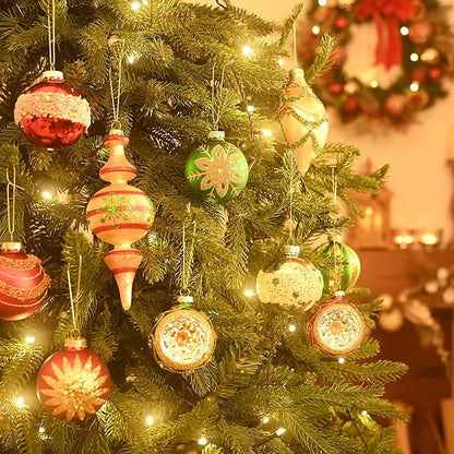 Valery Madelyn Glass Christmas Ornaments Set, 10ct Medium Red Green Gold Mercury Blown Glass Christmas Tree Ball Decorations, Luxury Hanging Teardrop Finial Faceted Reflector Decor