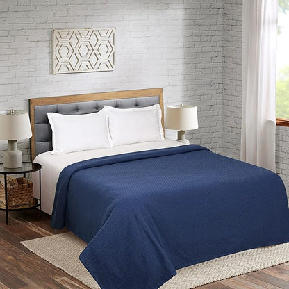 BELIZZI HOME 100% Cotton Bed Blanket, Breathable Thermal Blanket Full - Queen Size, Soft Chevron 90 inch x90 , Perfect for Layering Any All Season, Navy Blue