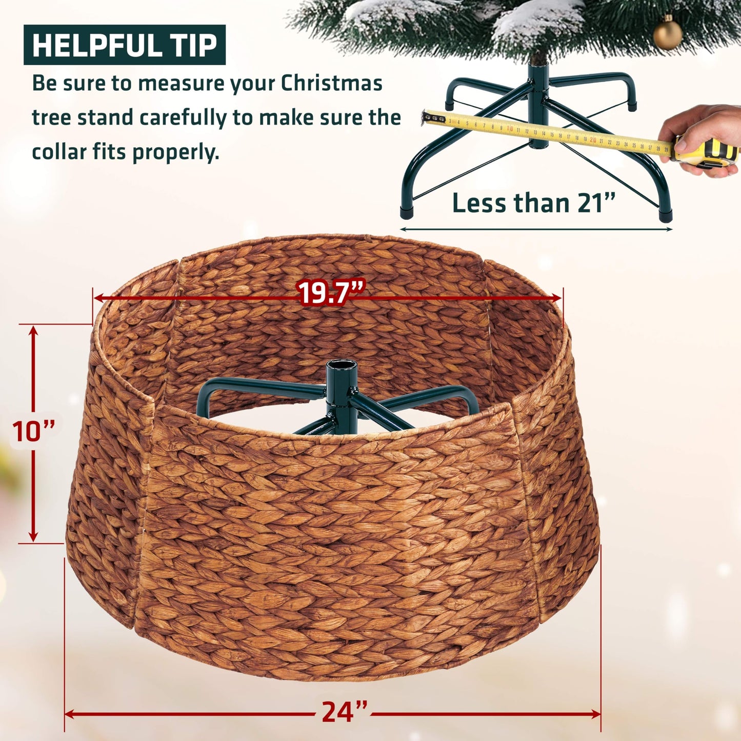 MIXUMON Handmade Water Hyacinth Christmas Tree Collar 24" – Rustic Basketweave Tree Base Cover, Eco-Friendly Skirt Alternative with Cord Cut-Out (Brown, 24 in)