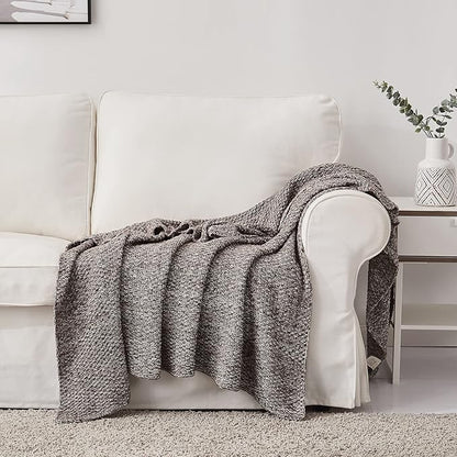 Longhui bedding Coffee Knitted Throw Blanket for Couch, Soft, Cozy Machine Washable 100% Cotton Sofa Knit Blankets, Heavy 4.0lb Weight, 60 x 80 Inches, Coffee and White Color.