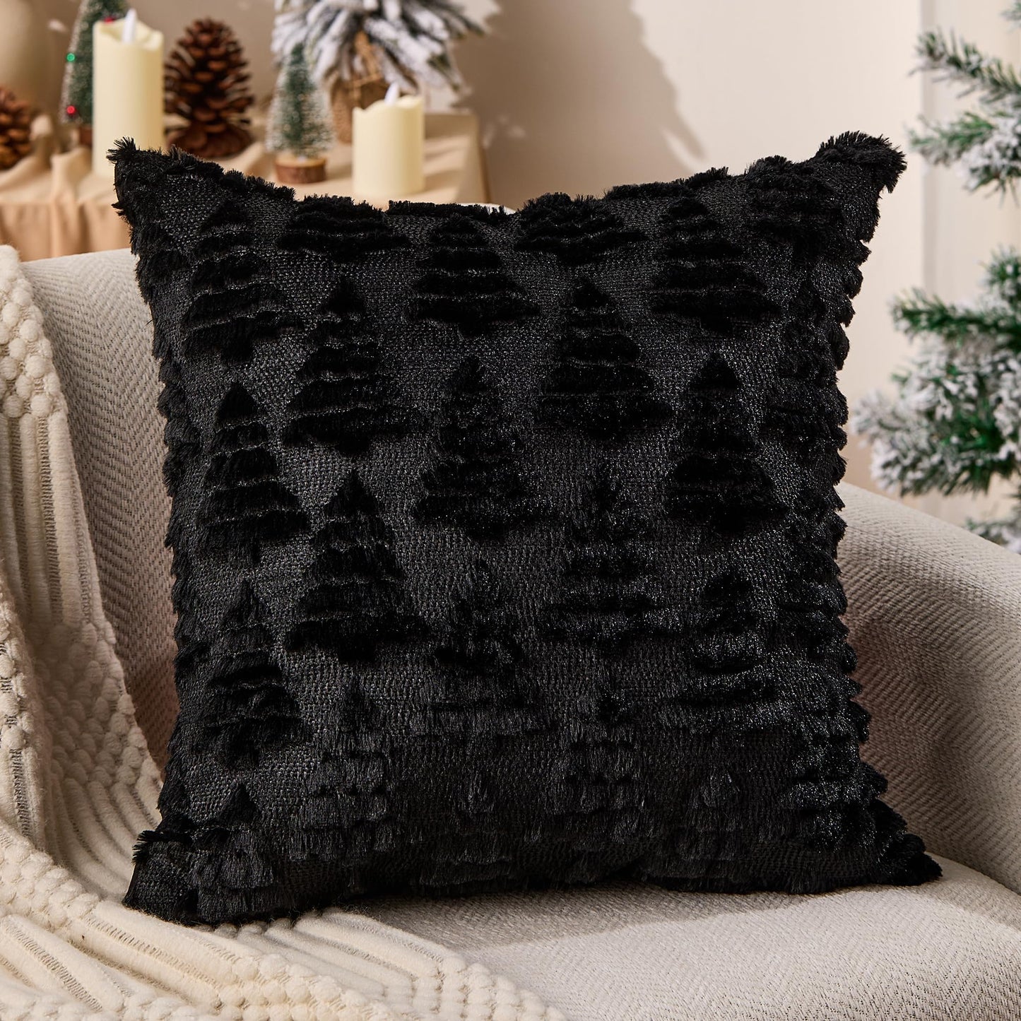 Allorry Christmas Pillow Covers 18x18 Set of 2 Christmas Decoration Black Xmas Tree Pillow Cases Plush Faux Fur Soft Cushion Case for Winter Xmas Holiday Home Bedroom Sofa Decors SY-003-J18