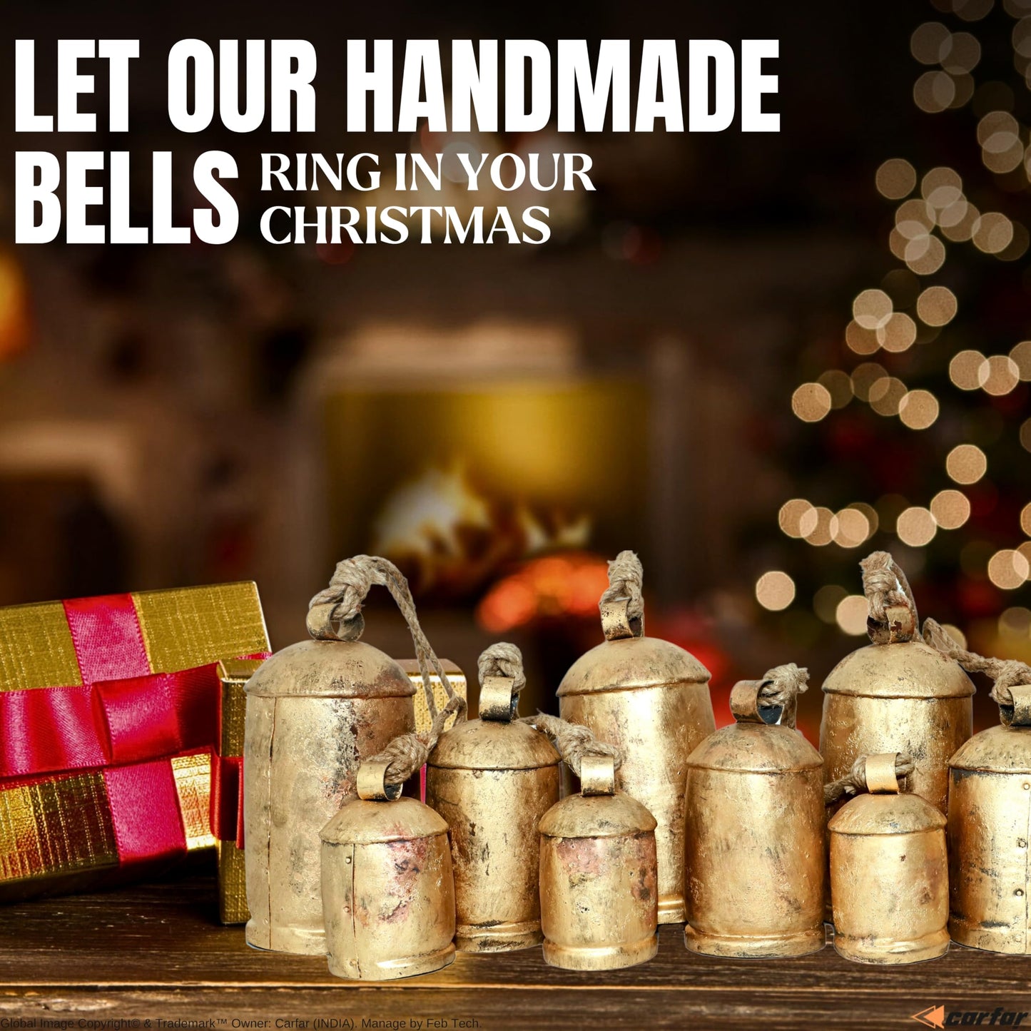 Shabby Chic Country Rustic Vintage Style Handmade Christmas Jingle Harmony Cow Bells on Metal Hanging Rod Complete Set (X-Large 45" 22" 8")