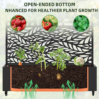 Casaphoria Metal Raised Garden Bed with Trellis and Wheels, 72"x47"x16" Planter Box for Climbing Plants, Vegetables & Vines, Features Drainage Holes and Privacy Screen, Black(Spring&Helen)