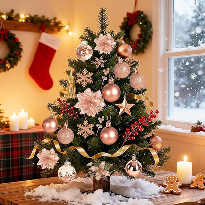 76Pcs Christmas Tree Decorations Set, Rose Gold Assorted Ornaments with Large Shatterproof Plastic Balls, Star Tree Topper, Glitter Berries Stems, Ribbon for Indoor Garland Home Holiday Wedding Decor