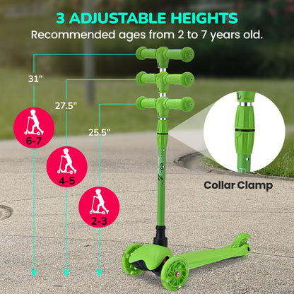 Hurtle Toddler Scooter, Adjustable Micro Scooter for Ages 2-5, Lightweight Kids 3 Wheel Design with LED Light-Up Wheels, Anti-Slip Deck & Lean-to-Steer Control, Indoor/Outdoor Use (Green)