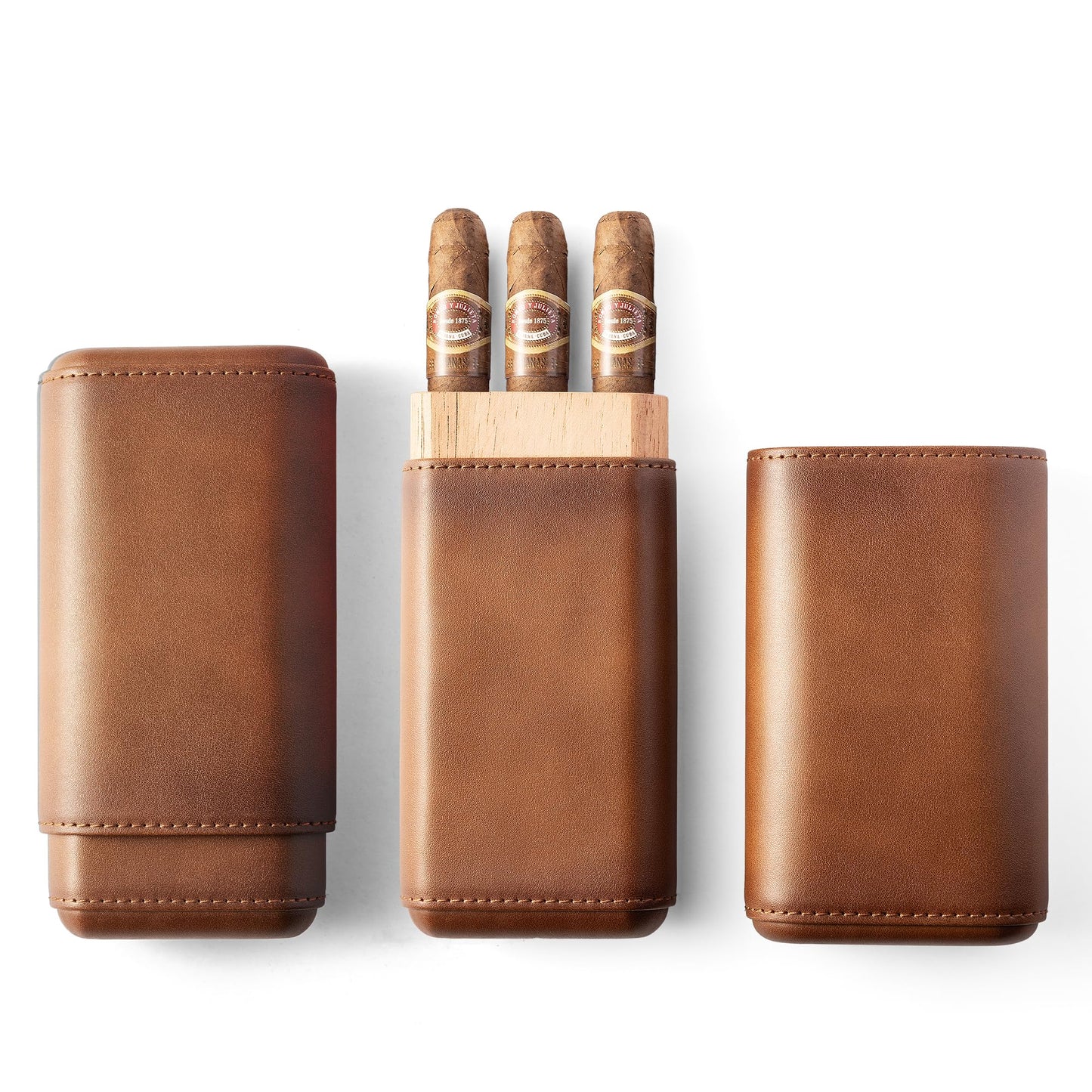 Woodronic Cigar Case, Premium Brown Genuine Leather Cigar Travel Case with Spanish Cedar Wood Lined, Portable Cigar Humidor, Cigar Accessories Gift for Men (Holds 3 Cigars)