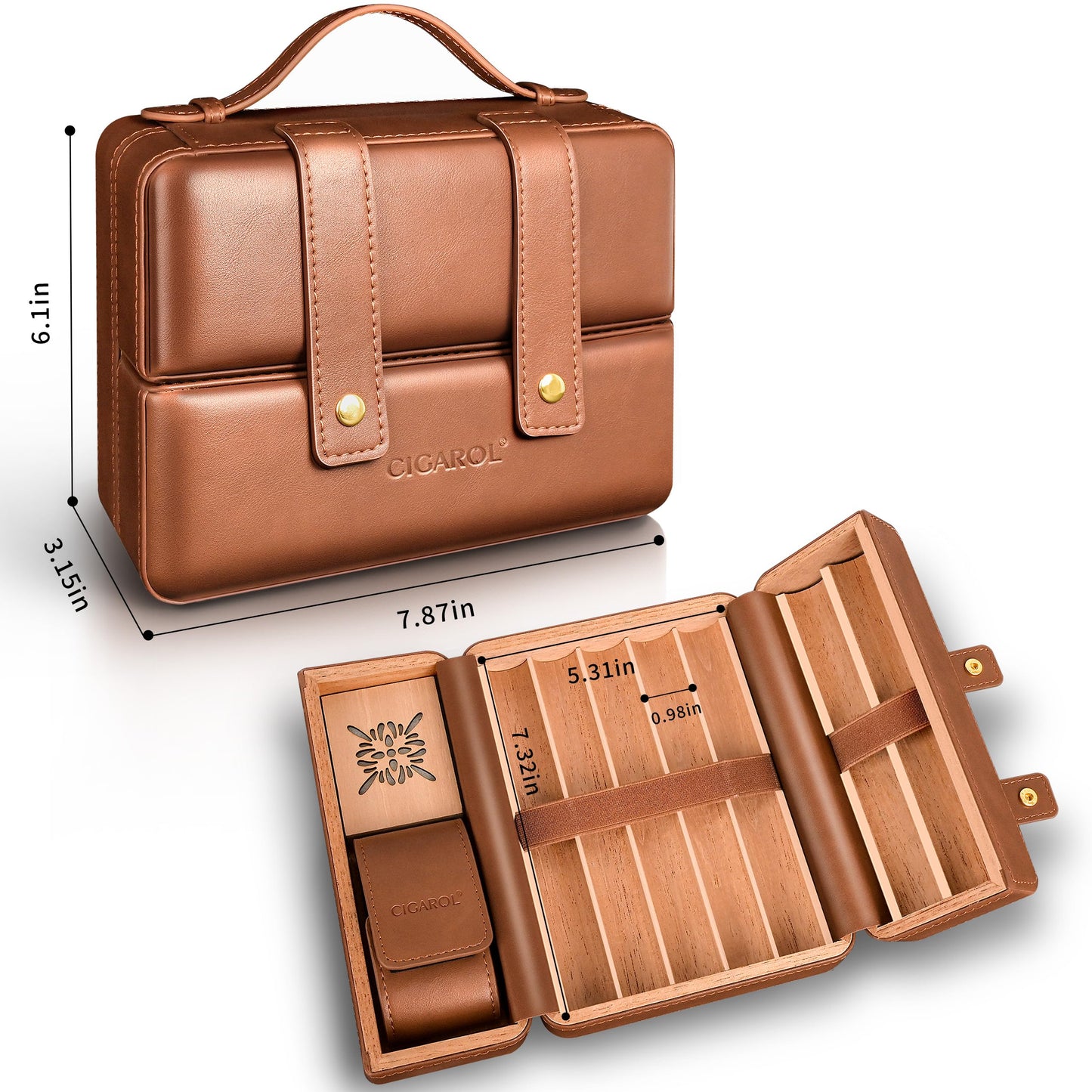 Cigarol Double Opening Travel Cigar Humidor, Leather Cigar Case with Cedar Wood Lining & Built-in Humidifier, Portable Cigar Storage Box, Luxury Cigar Gift for Men (Brown)