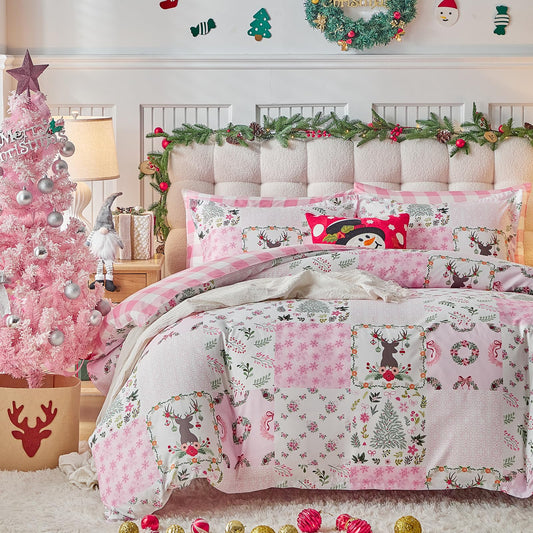 Joyreap 3pcs Christmas Duvet Cover Set King, Pink n White Xmas Patchwork Design Comforter Cover Set, Includes 1 Duvet Cover and 2 Pillow Shams