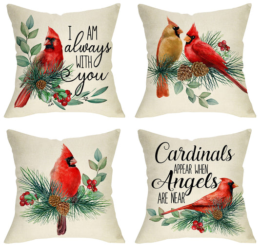 Ussap I Am Always with You Cardinal Red Birds Decorative Throw Pillow Cover Set of 4, Pine Cones Berry Cushion Case Decor, Winter Holiday Memorial Pillowcase Christmas Decorations for Sofa Couch 18x18