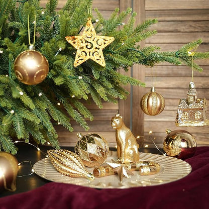 SHareconn 145pcs Christmas Balls Ornaments Set, Shatterproof Plastic Baubles Snowflakes, Stars and Tree Topper for Xmas Tree Holiday Wedding Party Decorations with Hanging Strings, Bronze Gold