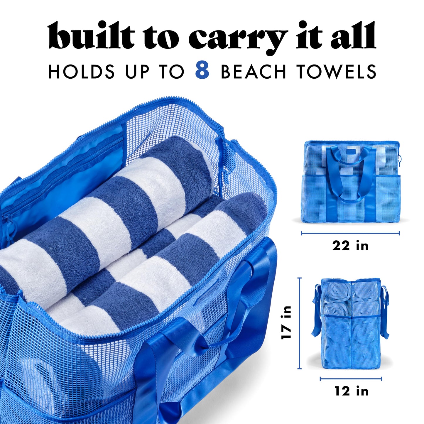 Fit & Fresh The Shore Thing™ Marine Grade Mesh Beach Bag with Pockets - Waterproof Sandproof Tote Bag, Lightweight Foldable Tote Bag, XL Travel Bag, Beach Vacation Essentials, Marina Blue