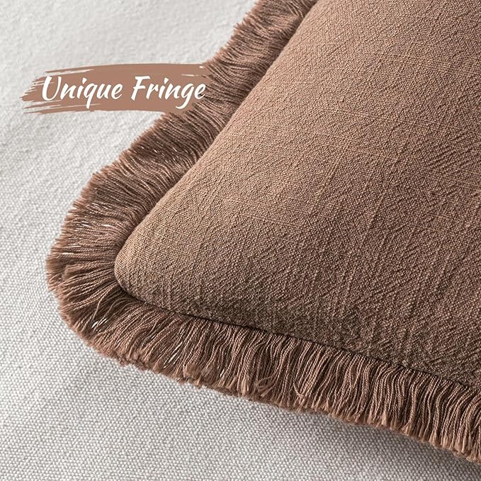 MIULEE Decorative Throw Pillow Covers Neutral Linen Fringe Throw Pillows Euro Shams Set of 2 Dark Coffee Boho Farmhouse Cushion Covers for Couch Sofa Bed Living Room Spring Home Decor 26x26 Inch