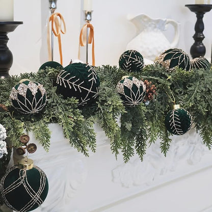 4inch Velvet Ornaments for Christmas Tree, 9PCS Glitter Flocked Christmas Ornaments Decorations Balls Set Decor Green