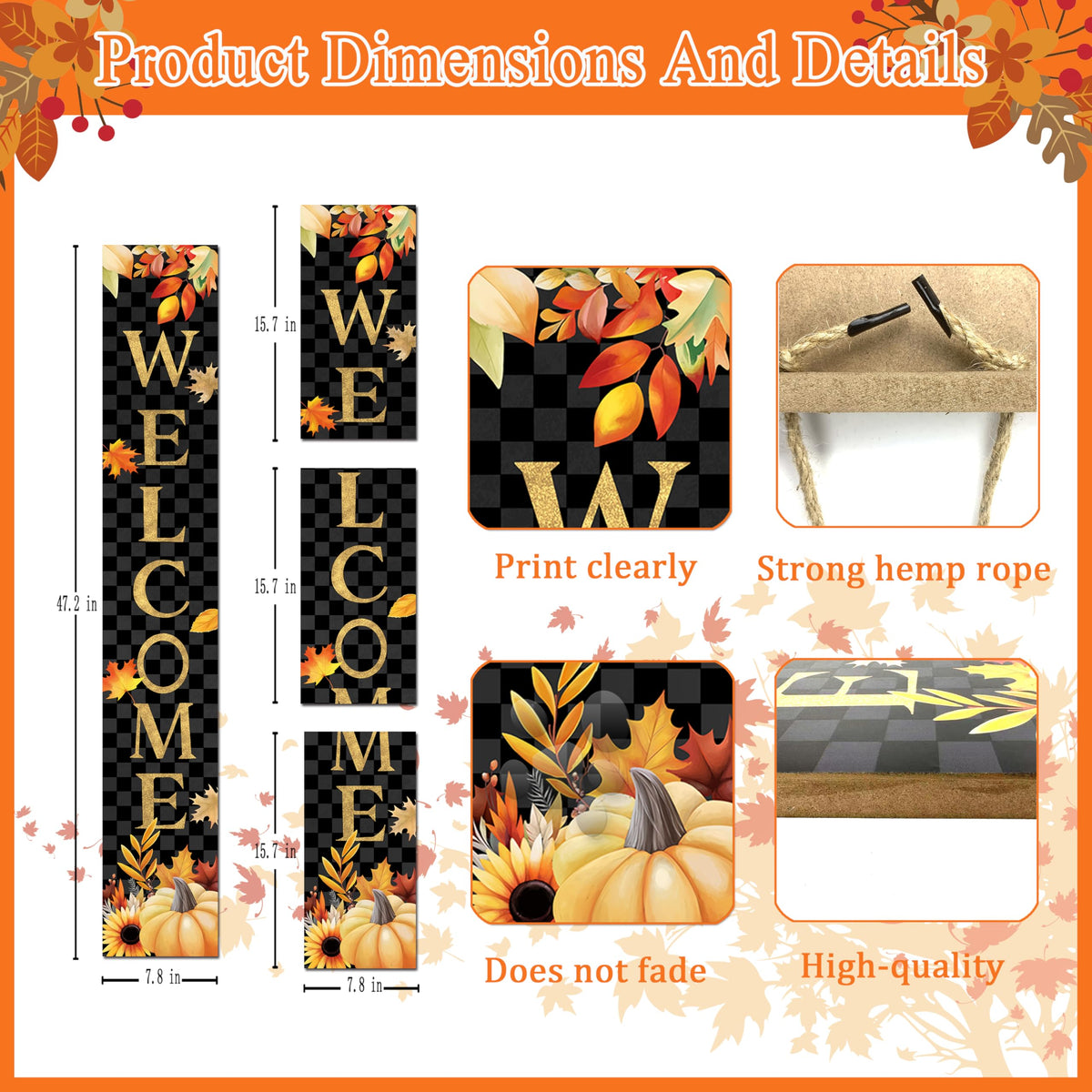 Fall Wooden Porch Sign 47" Autumn Pumpkin Maple Leaf Front Door Welcome Sign Vertical Standing Sign For Garden Home Yard Farmhouse Thanksgiving Decor
