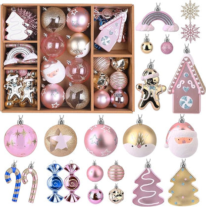 Alupssuc 65pcs Christmas Balls Ornaments Set, Shatterproof Plastic Baubles Gold Gingerbread House, and Tree Topper for Xmas Tree Holiday Wedding Party Decorations with Hanging Strings, Macaron Pink